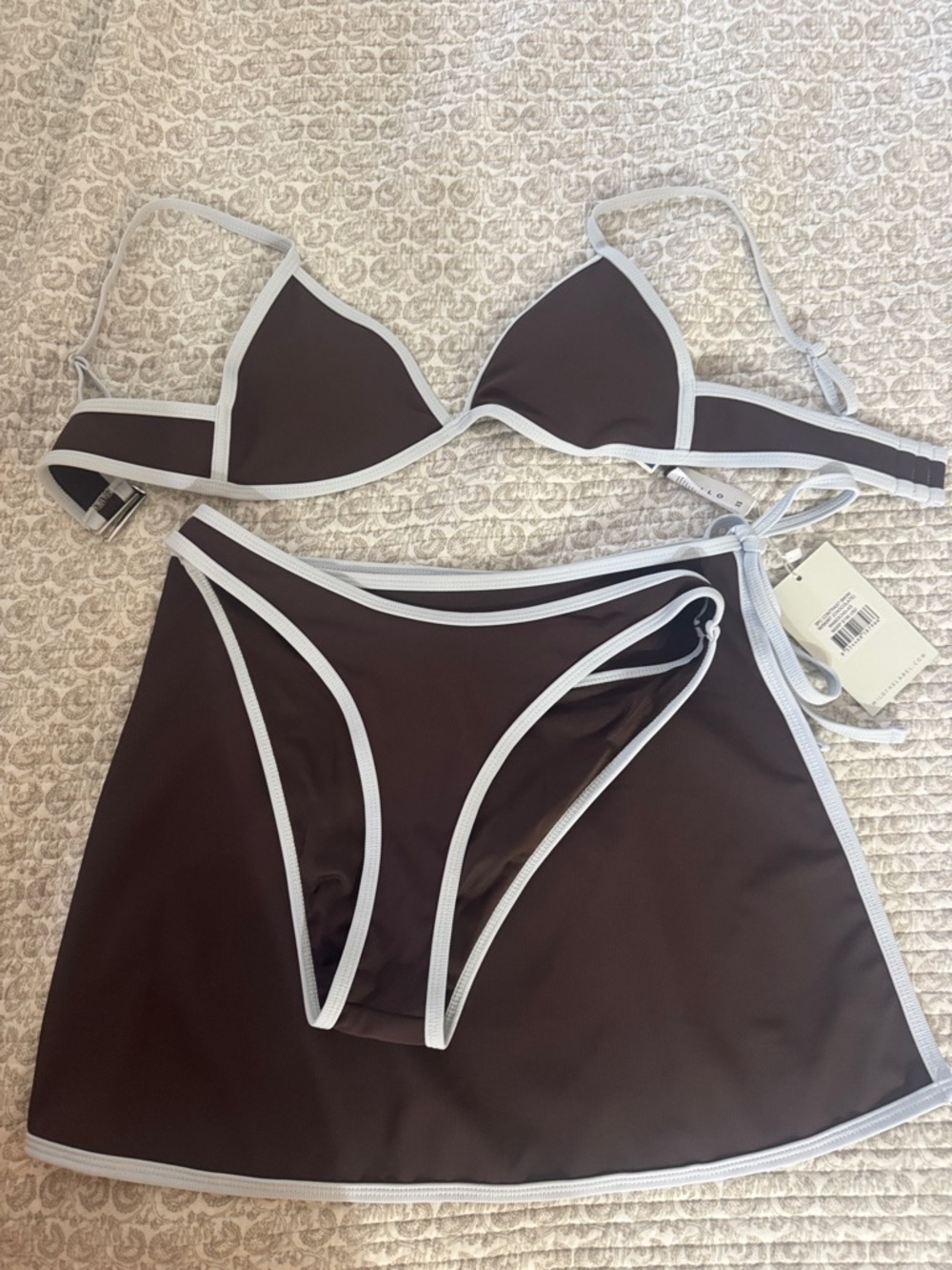 NWT WILO Women’s 3-Piece Brown Swim Set with Baby Blue Trim Size XS